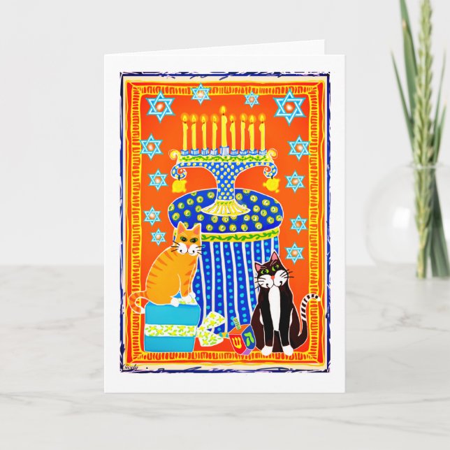 Cartes Pour Fêtes Annuelles Tuxedo et Tabby Cat célèbrent Hanoukka (Devant)