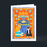 Cartes Pour Fêtes Annuelles Tuxedo et Tabby Cat célèbrent Hanoukka<br><div class="desc">Un chat tuxedo noir et blanc et un chat tabby orange fêtent Hanoukka avec une menorah,  un dreidel et une gélule Hanoukka. Vierge à l'intérieur en attendant votre message spécial !</div>