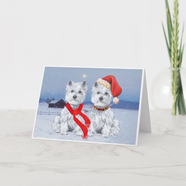 Cartes Pour Fêtes Annuelles Twin Westies sur une soirée hivernale (Devant)