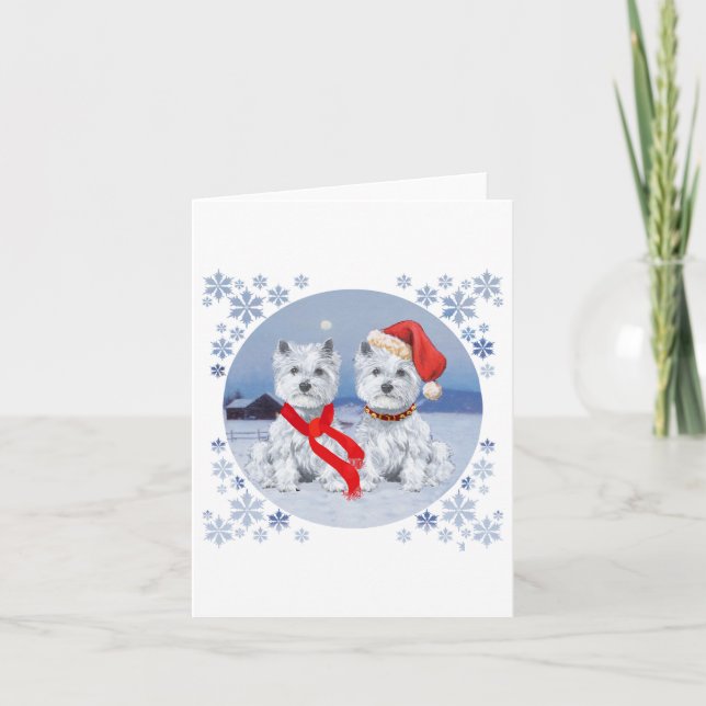 Cartes Pour Fêtes Annuelles Twin Westies sur une soirée hivernale (Devant)
