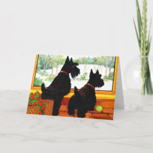 Cartes Pour Fêtes Annuelles Two Scottie Dogs Waiting for Santa Claus