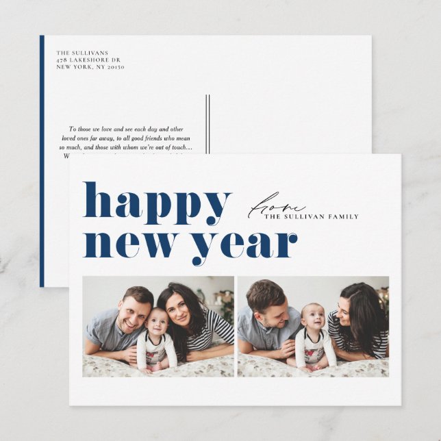 Cartes Pour Fêtes Annuelles Typographie Bleue Rétro Joyeuses Fêtes Deux photos (Devant / Derrière)