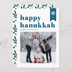 Cartes Pour Fêtes Annuelles Typographie bleue Snowflakes Photo Happy Hanoukka