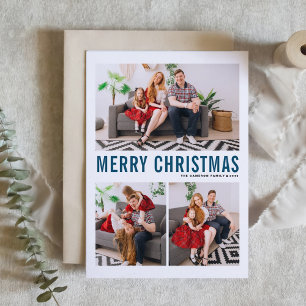 Cartes Pour Fêtes Annuelles Typographie bleue Trois photos Joyeux Noël