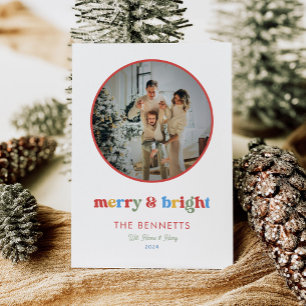 Cartes Pour Fêtes Annuelles Typographie colorée Merry & Bright Round Photo