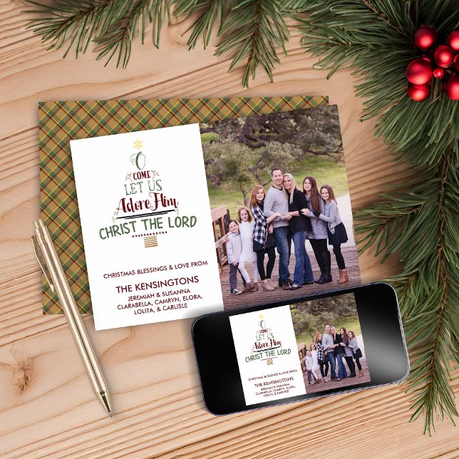 Cartes Pour Fêtes Annuelles Typographie de la famille chrétienne de Noël Plaid (Christian Christmas Family Photo Typography Plaid Holiday Card)