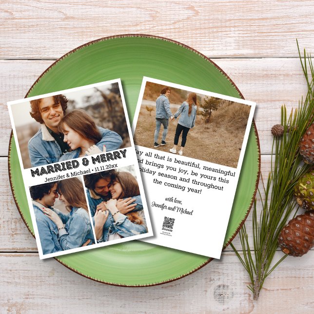 Cartes Pour Fêtes Annuelles typographie élégante mariés&joyeux 4 photos collag (Créateur téléchargé)