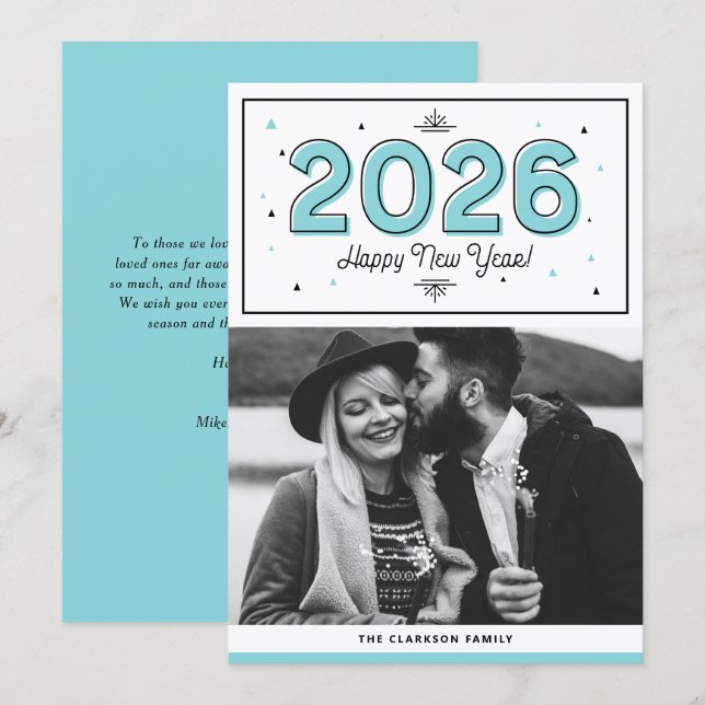 Cartes Pour Fêtes Annuelles Typographie géométrique bleue Photo Bonne année (Devant / Derrière)