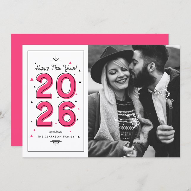 Cartes Pour Fêtes Annuelles Typographie géométrique rose chaud 2025 Nouvel An (Devant / Derrière)