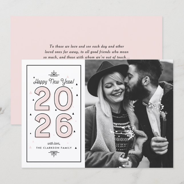 Cartes Pour Fêtes Annuelles Typographie géométrique rose clair 2025 Nouvel An (Devant / Derrière)