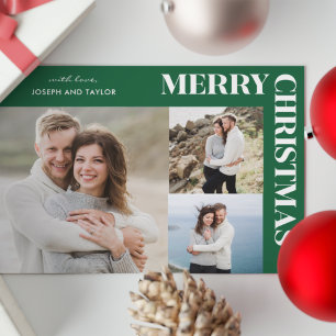Cartes Pour Fêtes Annuelles Typographie Joyeux Noël Blanc sur Vert 3 Photos