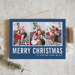 Cartes Pour Fêtes Annuelles Typographie moderne Blue Photo Collage Noël<br><div class="desc">Joyeux Noël! Envoyez vos souhaits chaleureux cette saison avec cette carte de Noël personnalisable de collage photo. Il présente une typographie simple avec un arrière - plan bleu. Personnalisez en ajoutant vos photos, noms, année et autres détails. Cette carte de Noël moderne est disponible en d'autres couleurs et en carton....</div>
