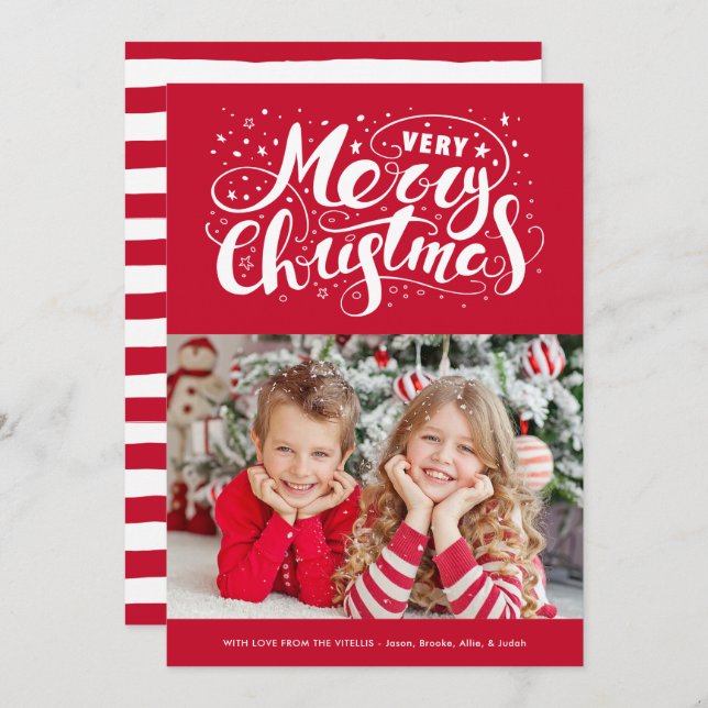 Cartes Pour Fêtes Annuelles Typographie moderne de Noël très joyeux Rouge (Devant / Derrière)