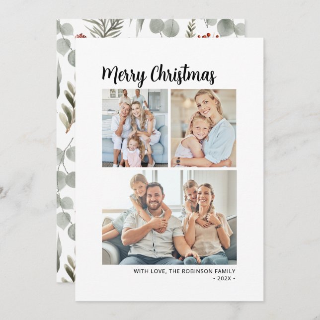 Cartes Pour Fêtes Annuelles Typographie moderne Foliage Multi Photo Noël (Devant / Derrière)