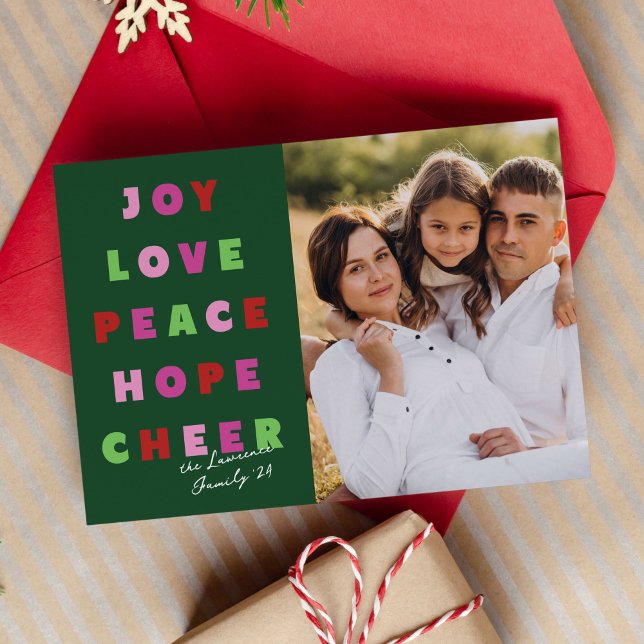 Cartes Pour Fêtes Annuelles Typographie moderne Joie Amour Paix Espoir Cheer (pink, red and green modern typography Christmas photo card)