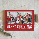 Cartes Pour Fêtes Annuelles Typographie moderne Red Photo Collage Noël<br><div class="desc">Joyeux Noël! Envoyez vos souhaits chaleureux cette saison avec cette carte de Noël personnalisable de collage photo. Il présente une typographie simple avec un arrière - plan rouge. Personnalisez en ajoutant vos photos, noms, année et autres détails. Cette carte de Noël moderne est disponible en d'autres couleurs et en carton....</div>