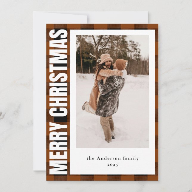 Cartes Pour Fêtes Annuelles Typographie moderne Tartan Plaid Photo de Noël (Devant)