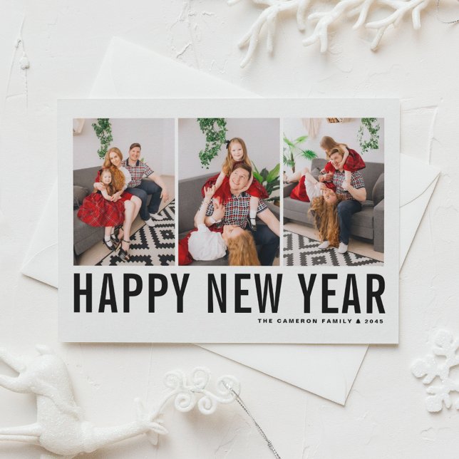 Cartes Pour Fêtes Annuelles Typographie noire Bonne année photo Collage (Send new year cheer with this customizable black and white three-photo-collage Happy New Year Card. )