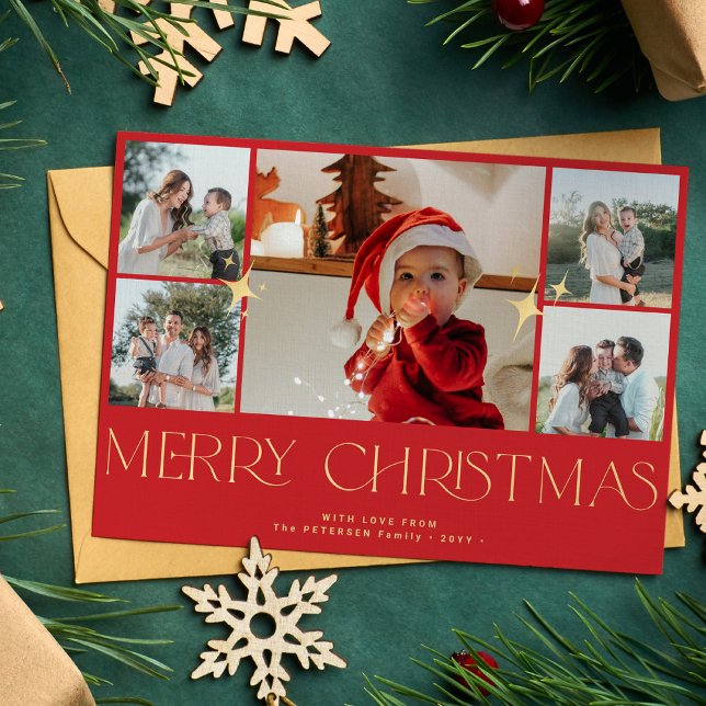 Cartes Pour Fêtes Annuelles Typographie or moderne photo collage rouge Noël (Créateur téléchargé)