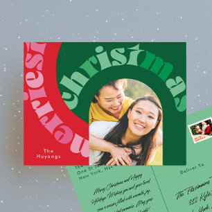 Cartes Pour Fêtes Annuelles Typographie ovale rouge gras vert Une photo Noël