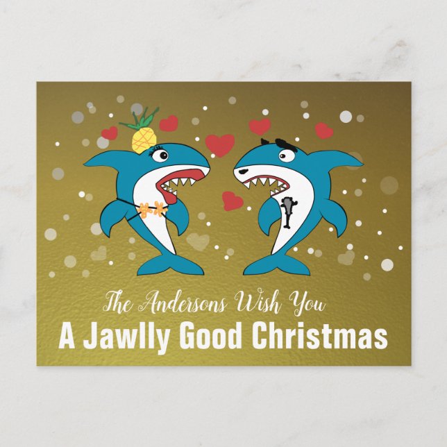 Cartes Pour Fêtes Annuelles Typographie Personnalisée Requins de Noël en Or (Devant)