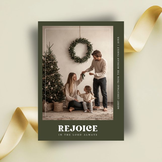 Cartes Pour Fêtes Annuelles Typographie Rejoice Green Photo de Noël religieux (Créateur téléchargé)