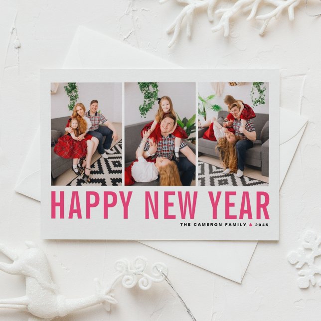 Cartes Pour Fêtes Annuelles Typographie rose chaud Collage photo Bonne année (Send new year cheer with this customizable magenta three-photo-collage Happy New Year Postcard. )