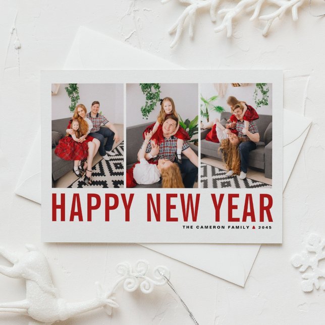 Cartes Pour Fêtes Annuelles Typographie rouge Collage photo Bonne année (Send new year cheer with this customizable red three-photo-collage Happy New Year Postcard. )