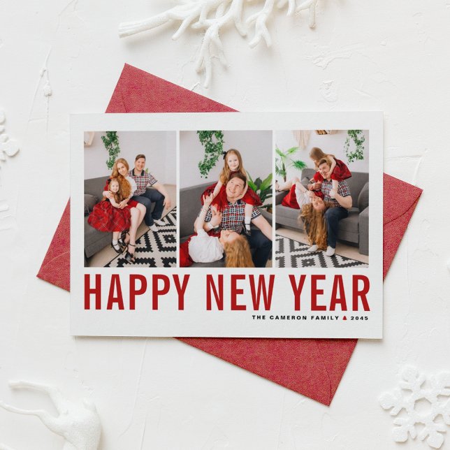 Cartes Pour Fêtes Annuelles Typographie rouge Collage photo Bonne année (Send new year cheer with this customizable red three-photo-collage Happy New Year Card. )