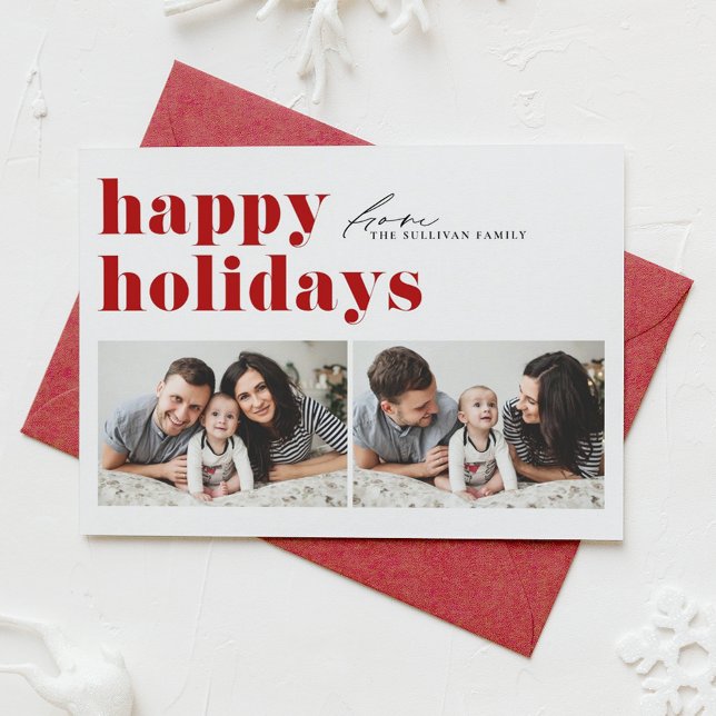 Cartes Pour Fêtes Annuelles Typographie rouge rétro Joyeuses Fêtes Deux photos (Créateur téléchargé)