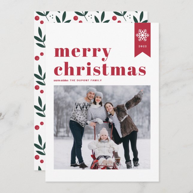 Cartes Pour Fêtes Annuelles Typographie rouge Snowflakes Joyeux Noël Photo (Devant / Derrière)