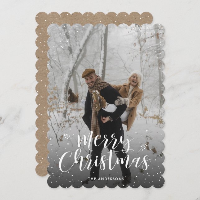 Cartes Pour Fêtes Annuelles Typographie Rustique Kraft Photo Neige Joyeux Noël (Devant / Derrière)