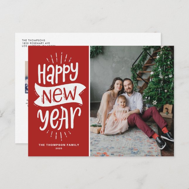 Cartes Pour Fêtes Annuelles Typographie rustique Red Happy New Year Photo (Devant / Derrière)
