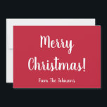 Cartes Pour Fêtes Annuelles Typographie simple de Noël<br><div class="desc">Restez simple avec ce design de Noël personnalisé. Il est en rouge et blanc classique et a le message, "Joyeux Noël !", "des Johnsons" en écriture de typographie stylisée blanche. L'arrière est gauche, vous donnant la possibilité d'ajouter un message manuscrit ou tapé si vous le souhaitez. Pour personnaliser, ajoutez simplement...</div>