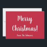 Cartes Pour Fêtes Annuelles Typographie simple de Noël<br><div class="desc">Restez simple avec ce design de Noël personnalisé. Il est en rouge et blanc classique et a le message, "Joyeux Noël !", "des Johnsons" en écriture de typographie stylisée blanche. L'arrière est gauche, vous donnant la possibilité d'ajouter un message manuscrit ou tapé si vous le souhaitez. Pour personnaliser, ajoutez simplement...</div>