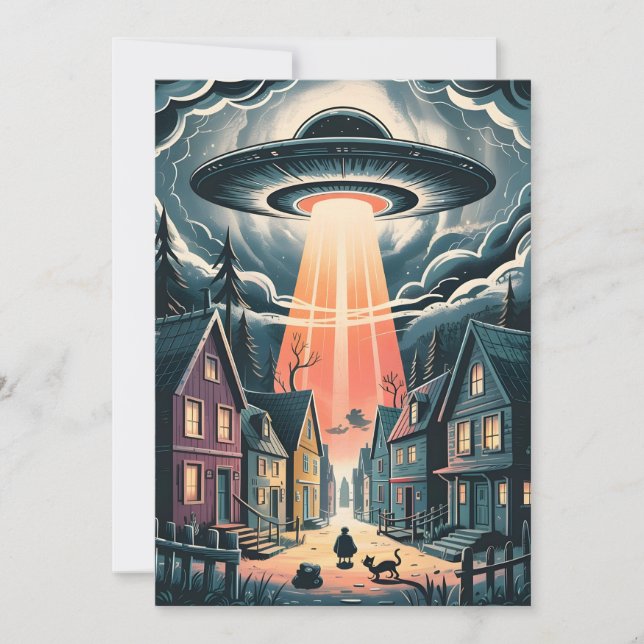 Cartes Pour Fêtes Annuelles UFO Abduction Night Street Illustration (Devant)