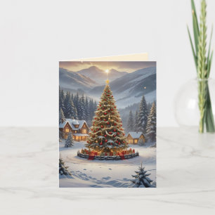 Cartes Pour Fêtes Annuelles Un arbre de Noël festif dans un village de montagn