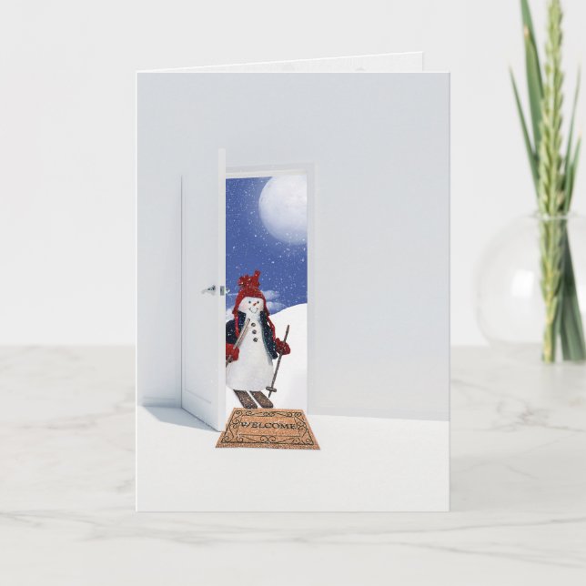 Cartes Pour Fêtes Annuelles Un bonhomme de neige de Noël en skis à la porte (Devant)