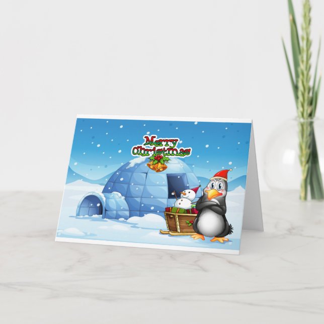 Cartes Pour Fêtes Annuelles Un bonhomme de neige et un pingouin devant l'igloo (Devant)