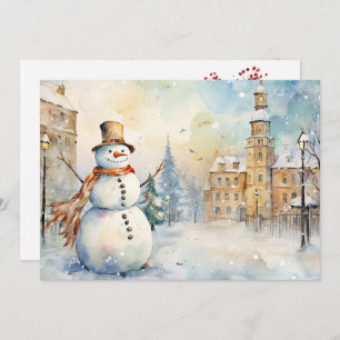 Cartes Pour Fêtes Annuelles Un bonhomme de neige lunatique joyeux dans un vill