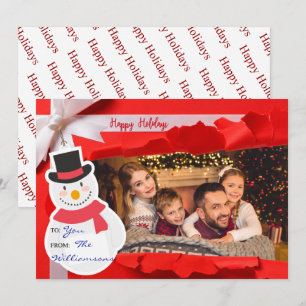 Cartes Pour Fêtes Annuelles Un Cadeau Ouvert Révèle Famille Photo Joyeux Vacan