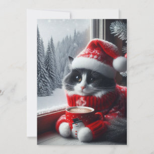 Cartes Pour Fêtes Annuelles Un chat noir et blanc avec un chapeau de Père Noël