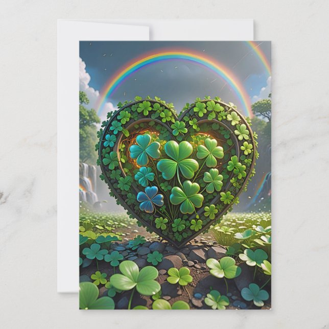 Cartes Pour Fêtes Annuelles Un coeur fait de shamrocks sous l'arc-en-ciel (Devant)