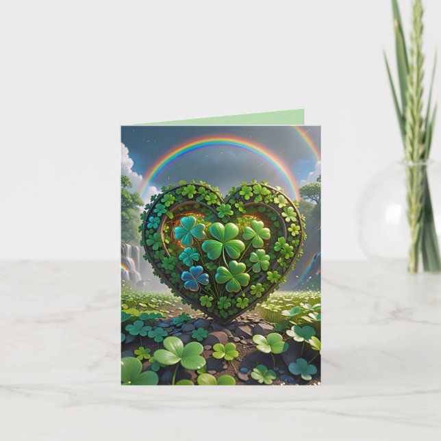 Cartes Pour Fêtes Annuelles Un coeur fait de shamrocks sous l'arc-en-ciel (Devant)