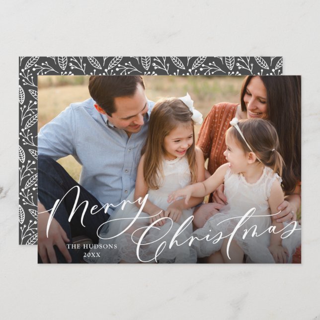 Cartes Pour Fêtes Annuelles Un Élégant script blanc de photo Joyeux Noël (Devant / Derrière)