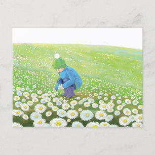 Cartes Pour Fêtes Annuelles Un jeune garçon ramasse des marguerites sur une co