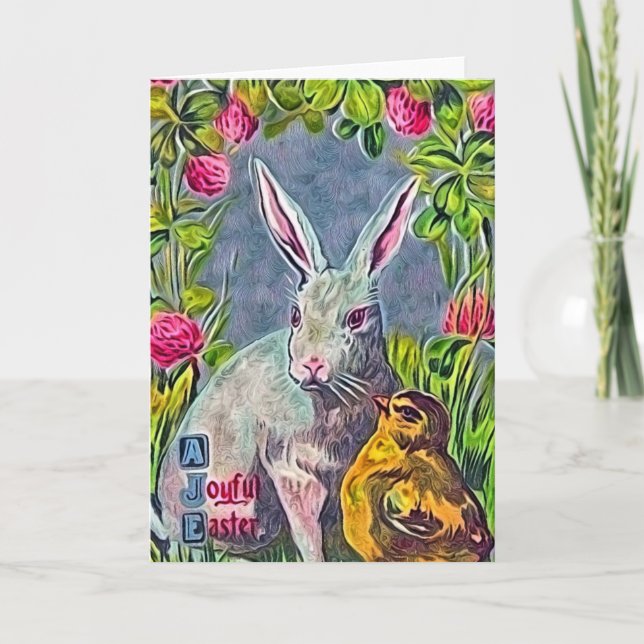Cartes Pour Fêtes Annuelles Un joyeux lapin de Pâques et un poussin (Devant)