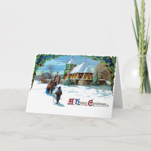 Cartes Pour Fêtes Annuelles Un joyeux Noël - Marcher jusqu'à l'église en neige (Devant)