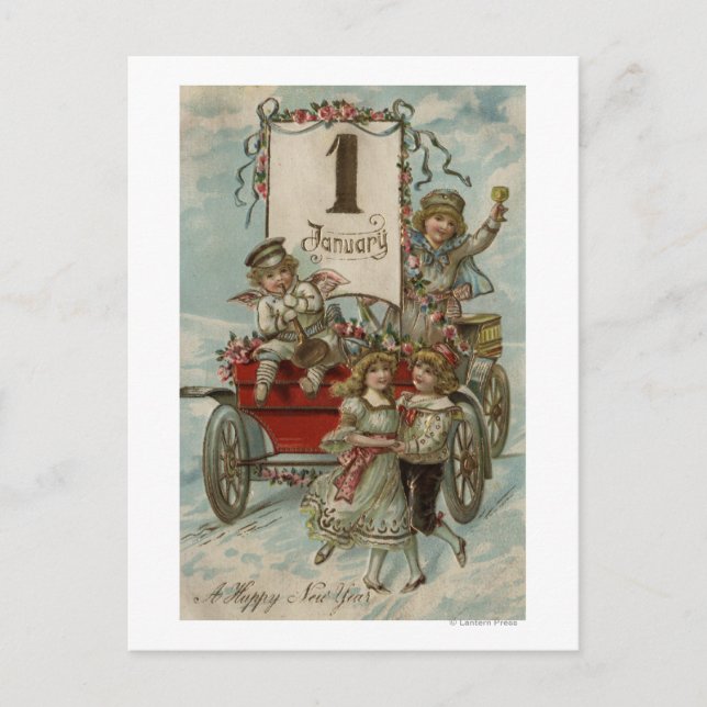 Cartes Pour Fêtes Annuelles Un joyeux Nouvel AnEnfants autour d'une Wagon Roug (Devant)