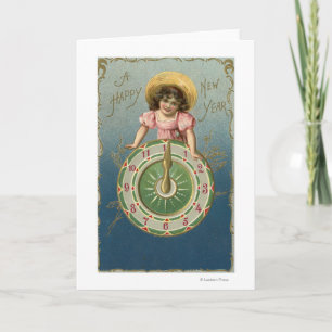 Cartes Pour Fêtes Annuelles Un nouveau YearGirl heureux placé sur une horloge